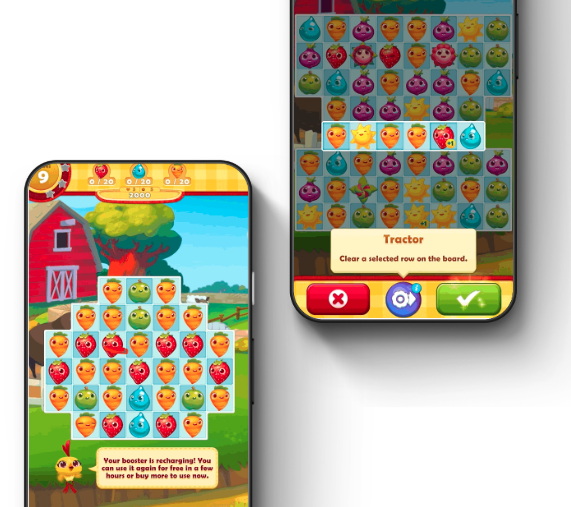 Farm Heroes Saga board with a contextual tooltip explaining the Tractor booster right where the player can use it