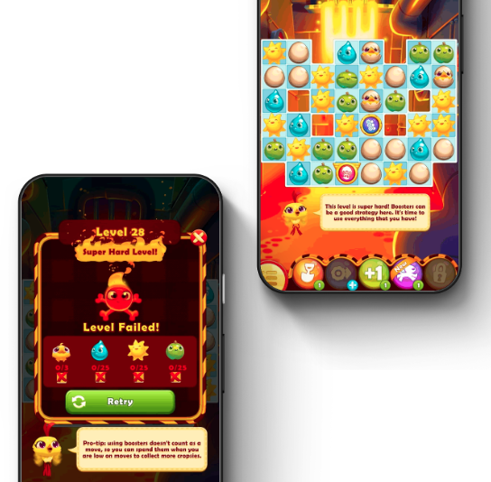 A super hard level failed screen next to a hard level board with a tip about using boosters to recover from a bad strategy