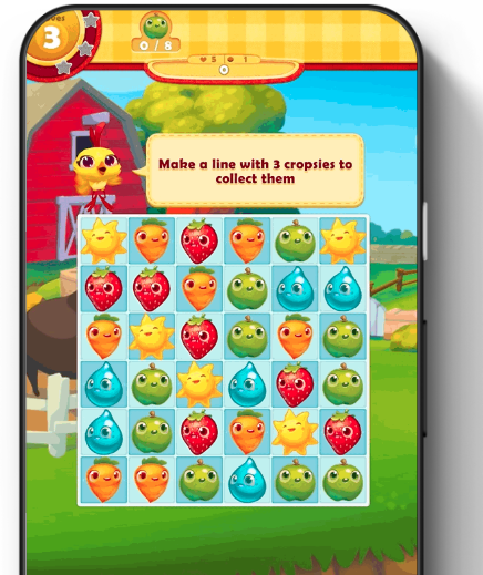Farm Heroes Saga level 3 tutorial prompting the player to make a line with 3 cropsies to collect them
