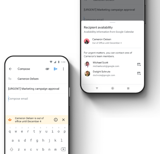 Gmail compose screen showing an out-of-office notice, with a Recipient availability card suggesting alternative contacts for urgent matters