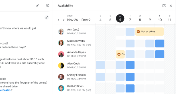 Availability grid showing team members' schedules and out-of-office status across a two-week calendar