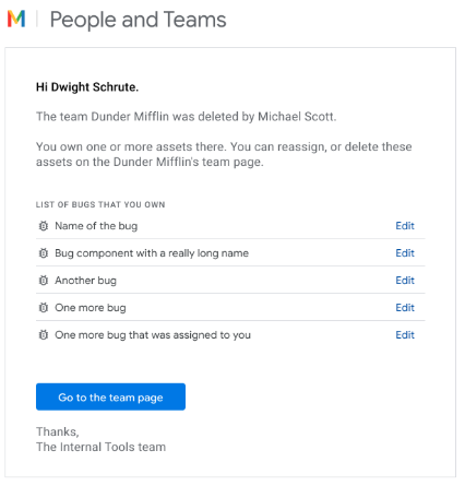 People and Teams email listing assets and bugs owned by a team member after a team was deleted, prompting reassignment