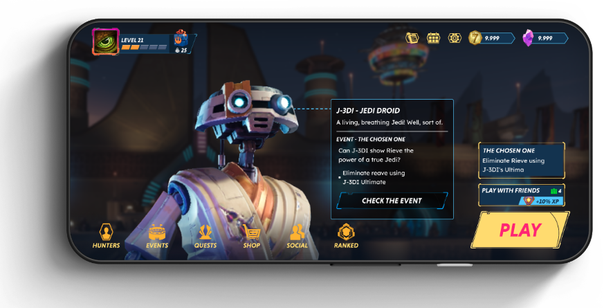 Star Wars: Hunters main screen showing J-3DI the Jedi Droid with an event narrative panel about the Chosen One