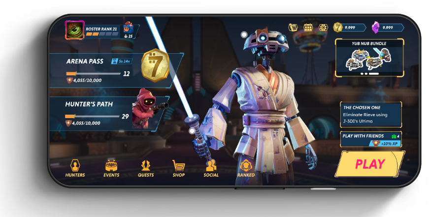 Star Wars: Hunters redesigned home screen showing the roster, arena pass, hunter's path, and an always available Play button