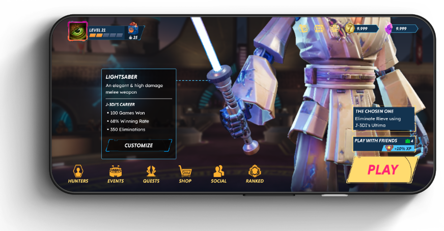 Star Wars: Hunters main screen showing a lightsaber weapon panel with J-3DI's career stats and a customise option